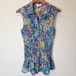 Fashion Bug Floral Blue Sheer Accordion Collared‎ Fai Tank Blouse Size Large